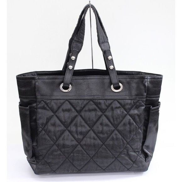 Chanel Paris Biarritz MM Shoulder Bag Black Cocomark Satin - Picture 2 of 12